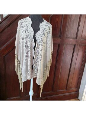 Chicos Beige Lace Open Front Kimono With Fringe Detail S/M Womens Polyester Blen